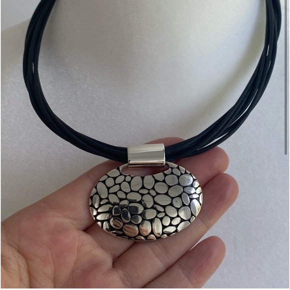 Silver and black cord western bohemian textured statement necklace - Picture 2 of 4